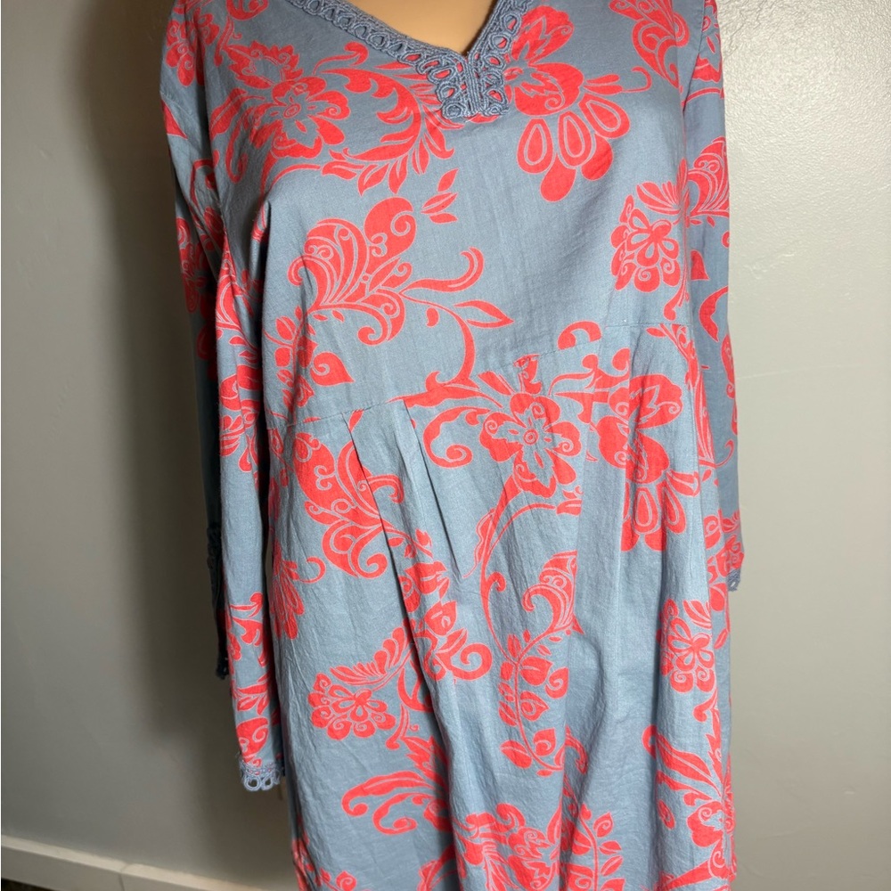 Blue and Goubi Coral Floral Tunic Top Size Large